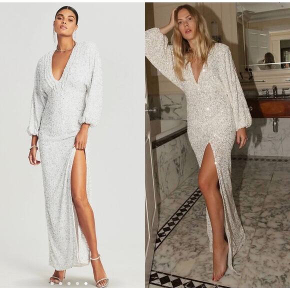 Retrofete Camille Dress Sequin Chiffon Maxi White Embellished Long Sleeve Gown S - Picture 13 of 15